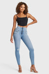 WR.UP® Snug Distressed Jeans - High Waisted - Full Length - Light Blue + Yellow Stitching 7