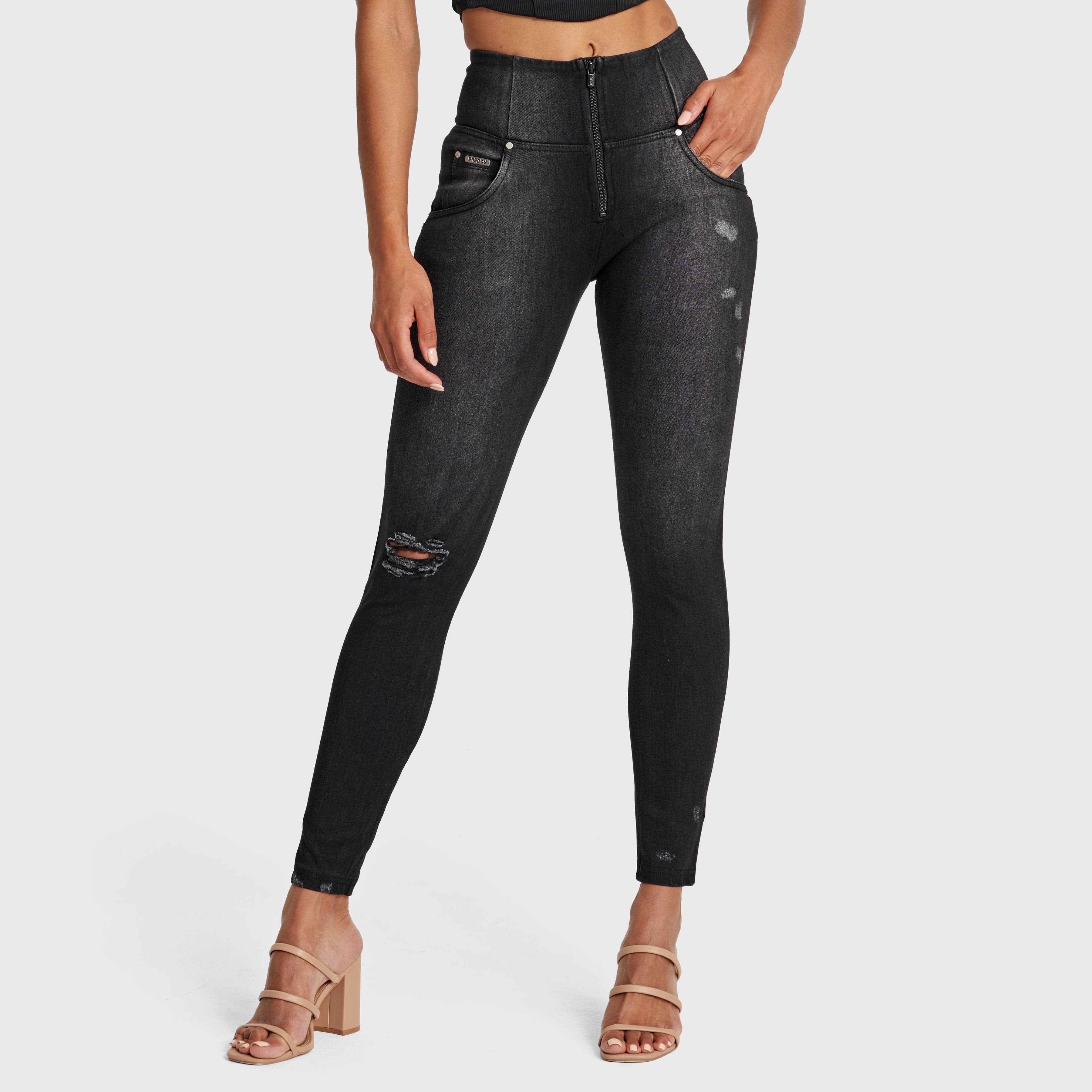 WR.UP® Snug Distressed Jeans - High Waisted - 7/8 Length - Black + Black Stitching 1