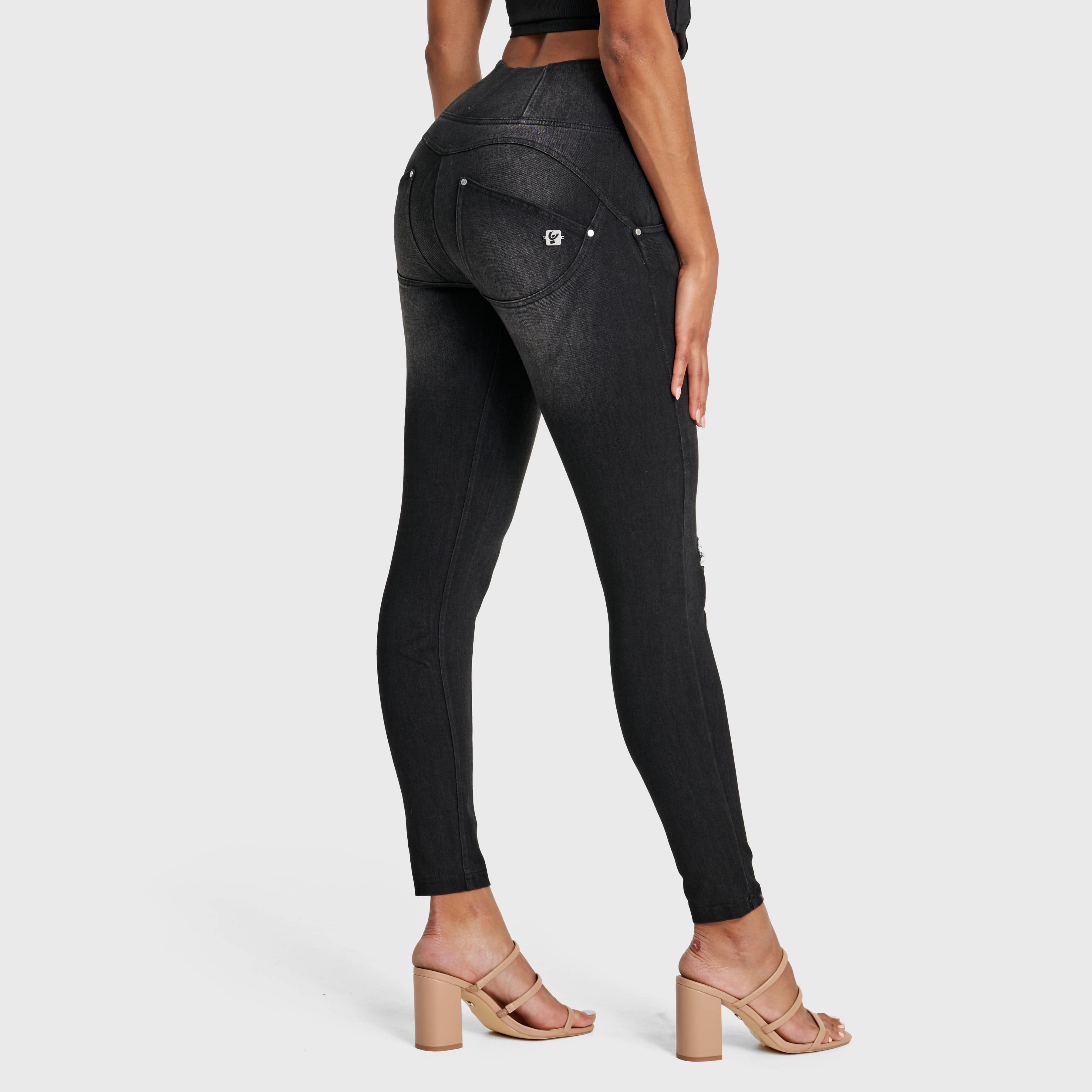 WR.UP® Snug Distressed Jeans - High Waisted - 7/8 Length - Black + Black Stitching 3