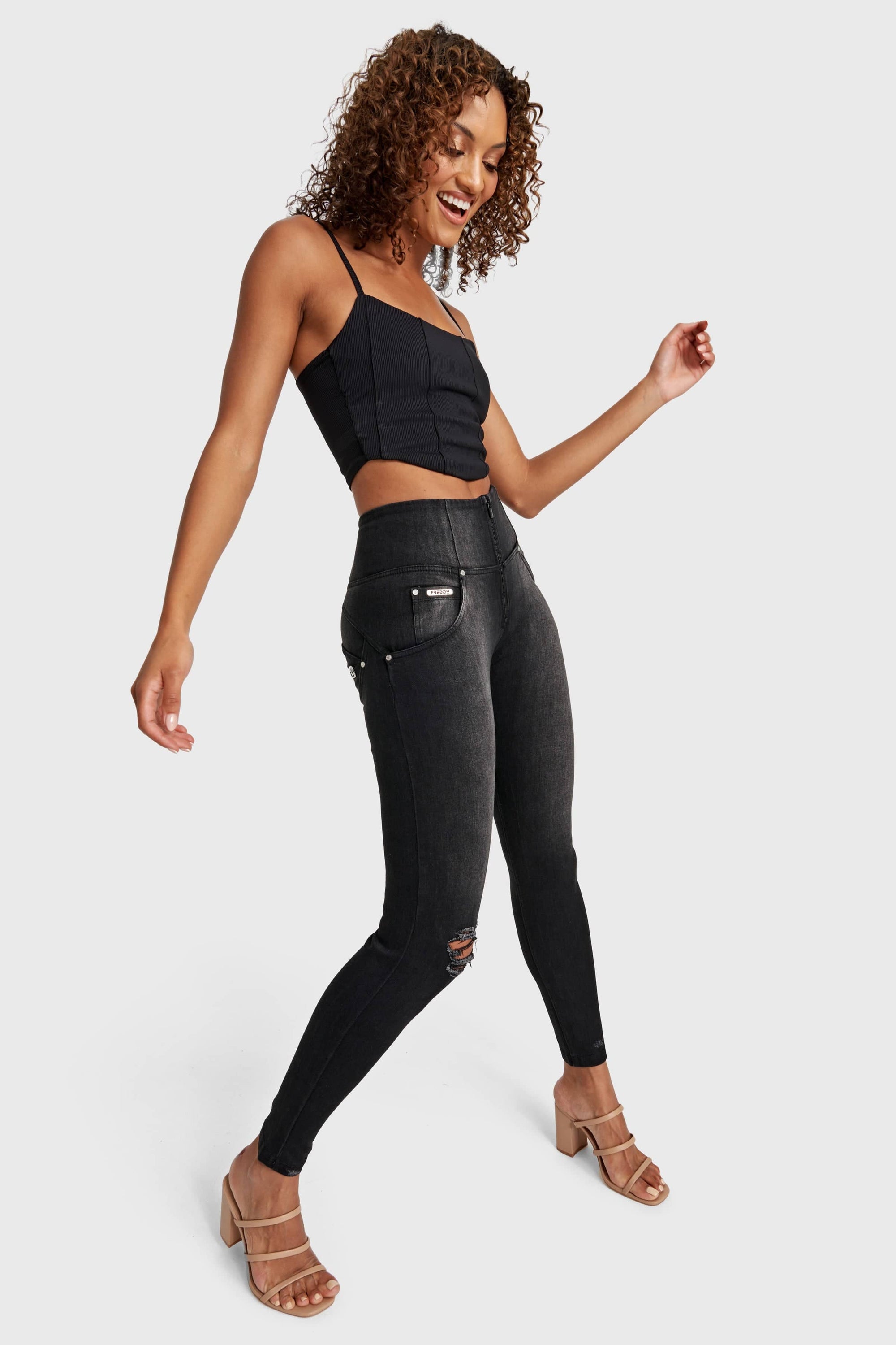 WR.UP® Snug Distressed Jeans - High Waisted - Full Length - Black + Black Stitching 5