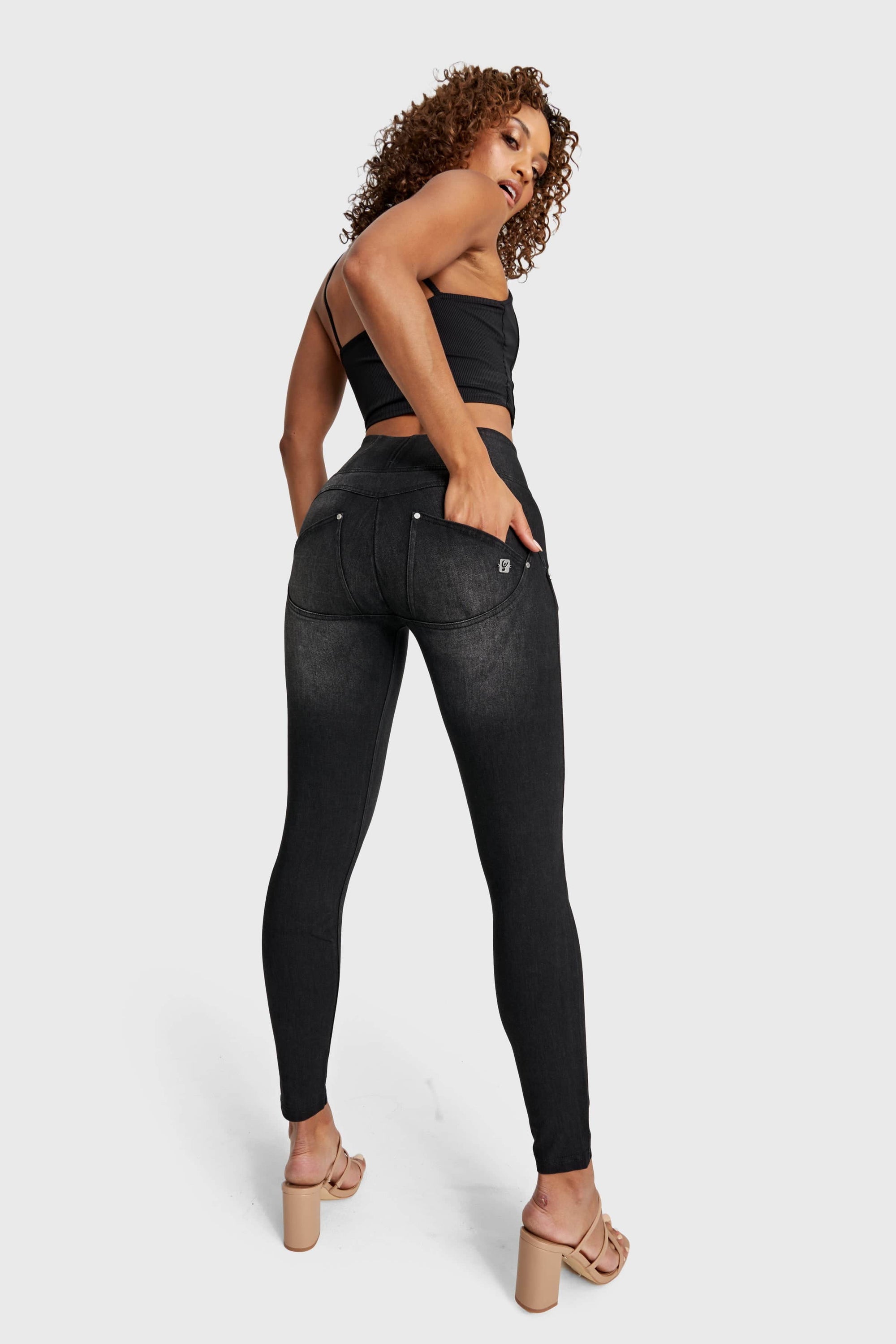 WR.UP® Snug Distressed Jeans - High Waisted - Full Length - Black + Black Stitching 6