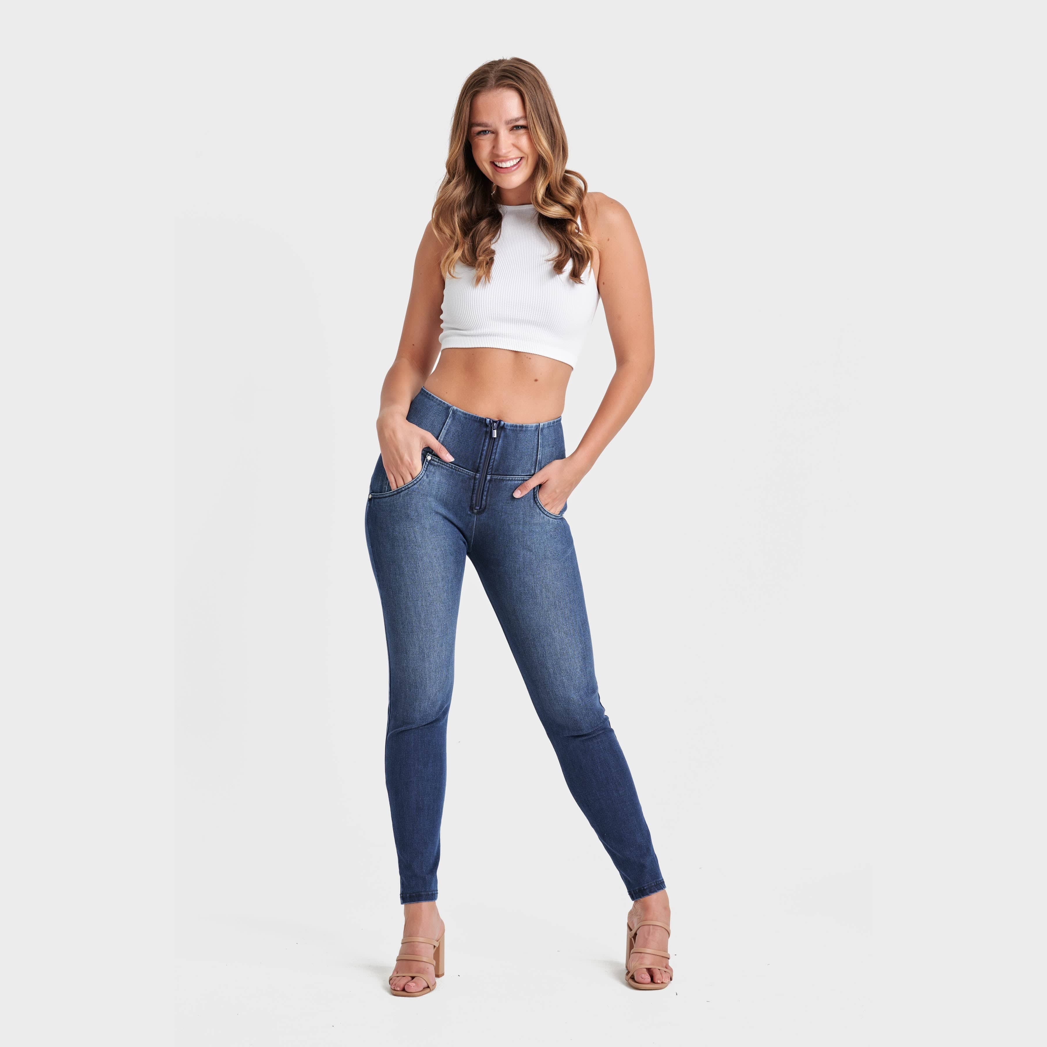 WR.UP® Snug Jeans - High Waisted - Full Length - Dark Blue + Blue Stitching 3