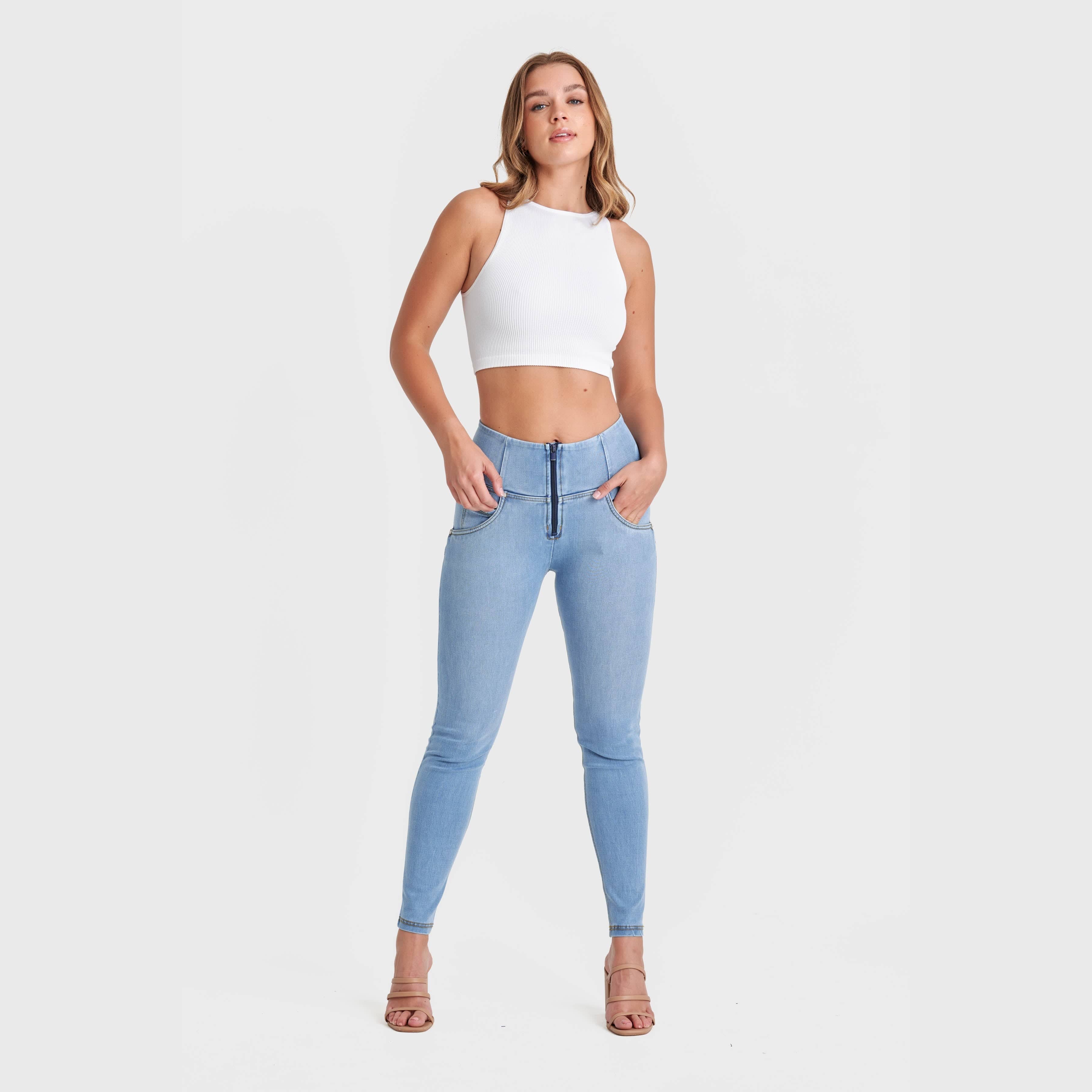 WR.UP® Snug Jeans - High Waisted - Full Length - Light Blue + Yellow Stitching 1