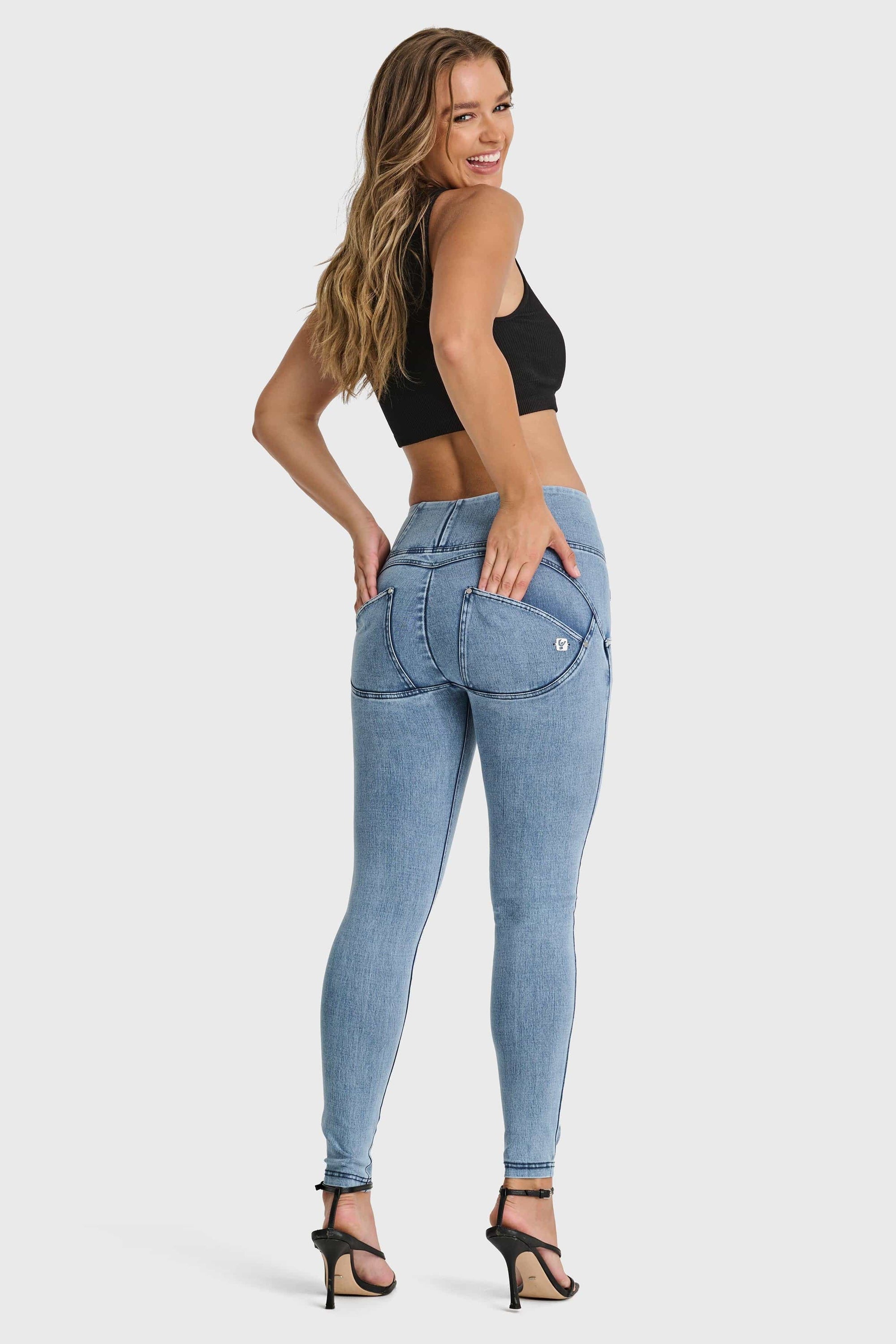 WR.UP® Snug Distressed Jeans - High Waisted - Full Length - Light Blue + Blue Stitching 4