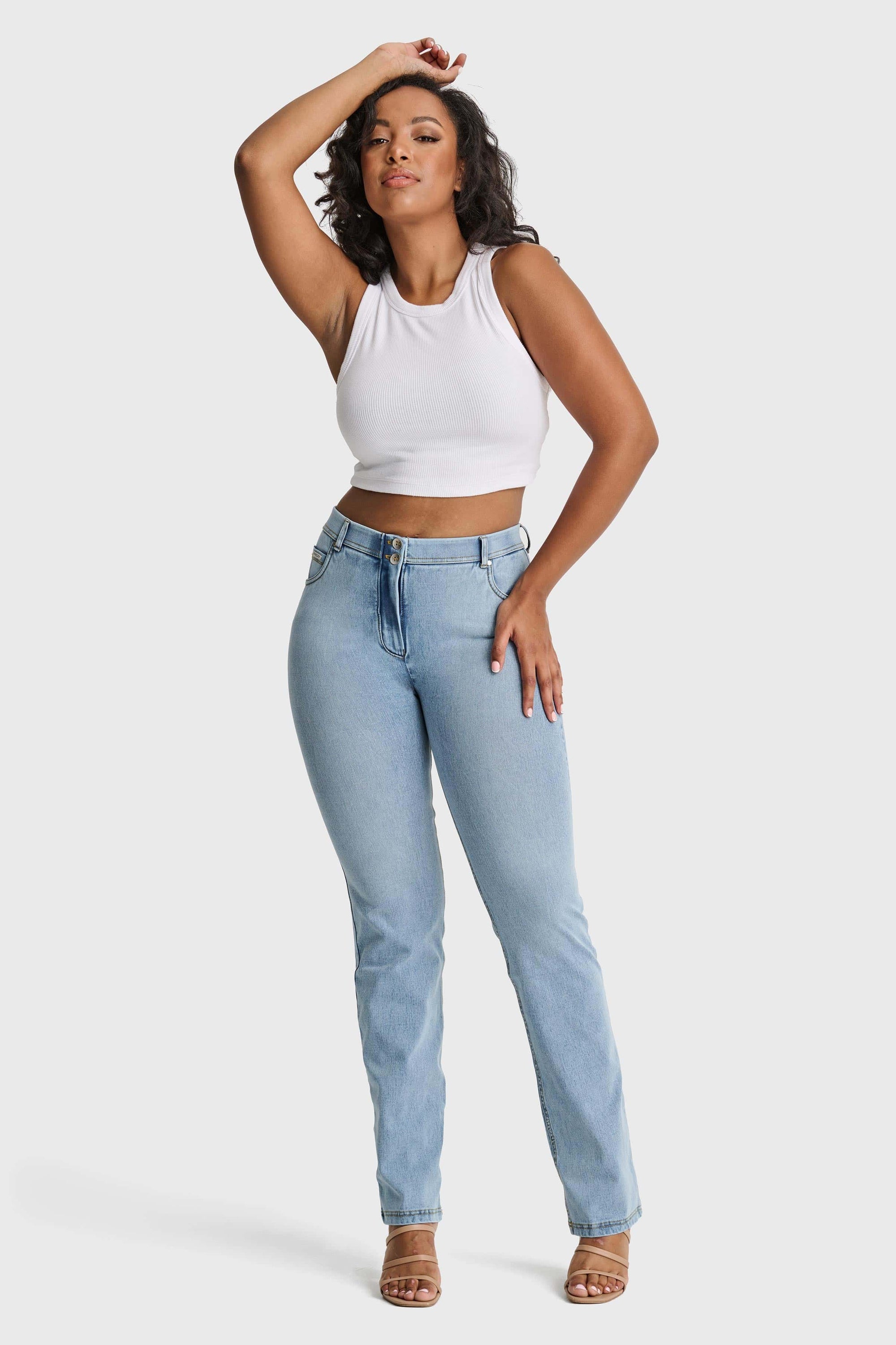 WR.UP® Snug Jeans - 2 Button High Waisted - Bootcut - Light Blue + Yellow Stitching 4