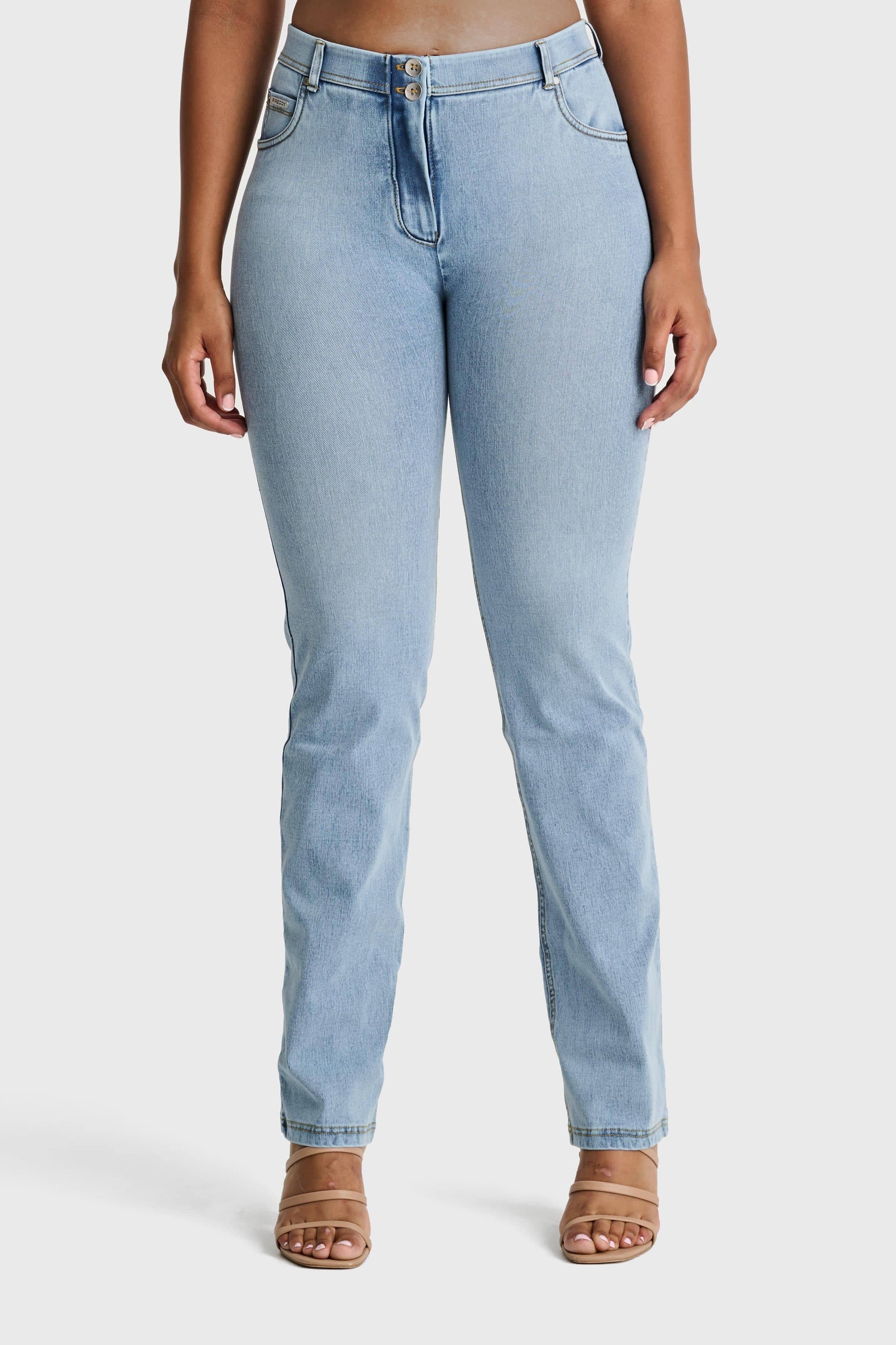 WR.UP® Snug Jeans - 2 Button High Waisted - Bootcut - Light Blue + Yellow Stitching 7