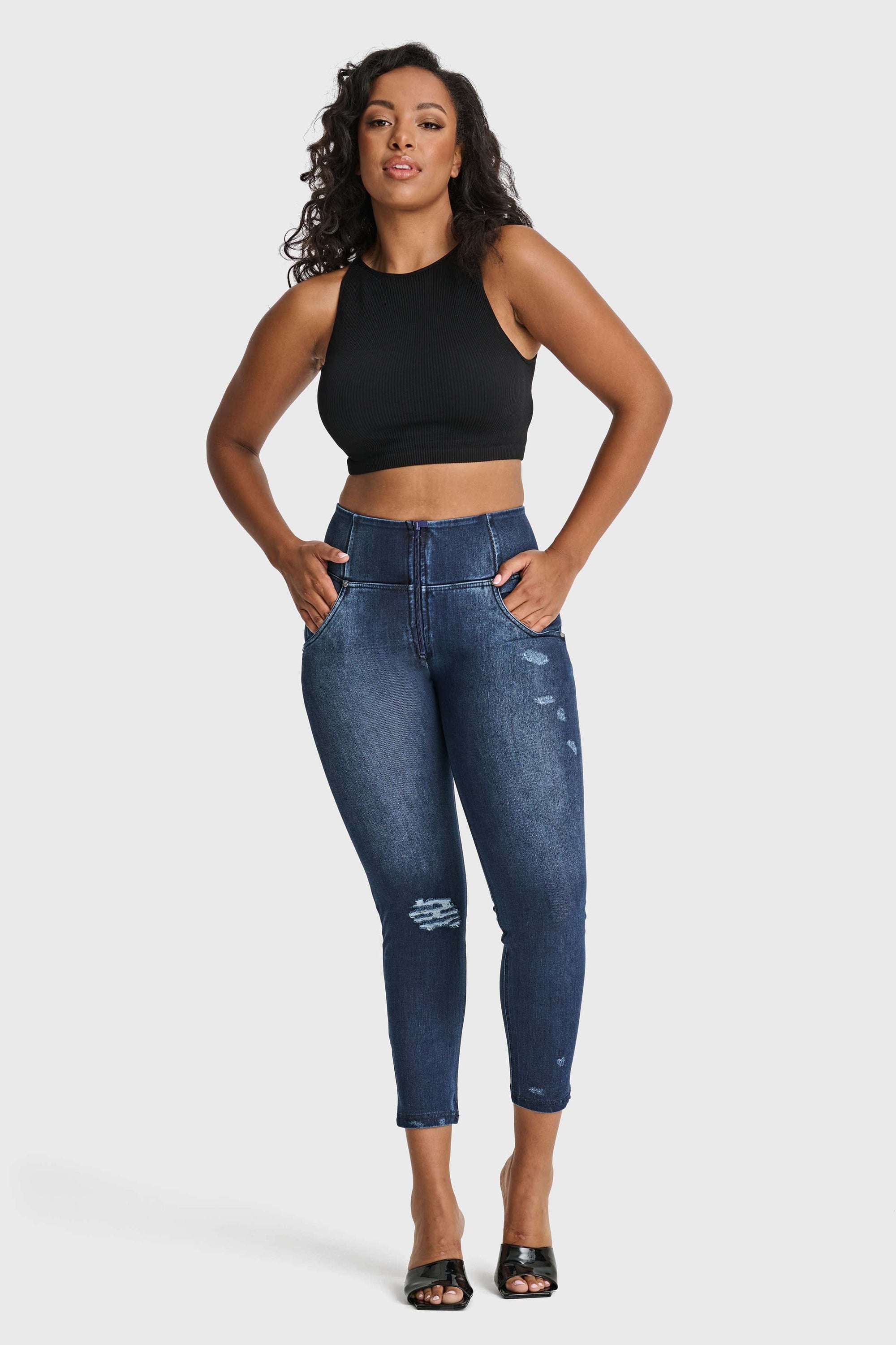 WR.UP® Snug Distressed Jeans - High Waisted - 7/8 Length - Dark Blue + Blue Stitching 4