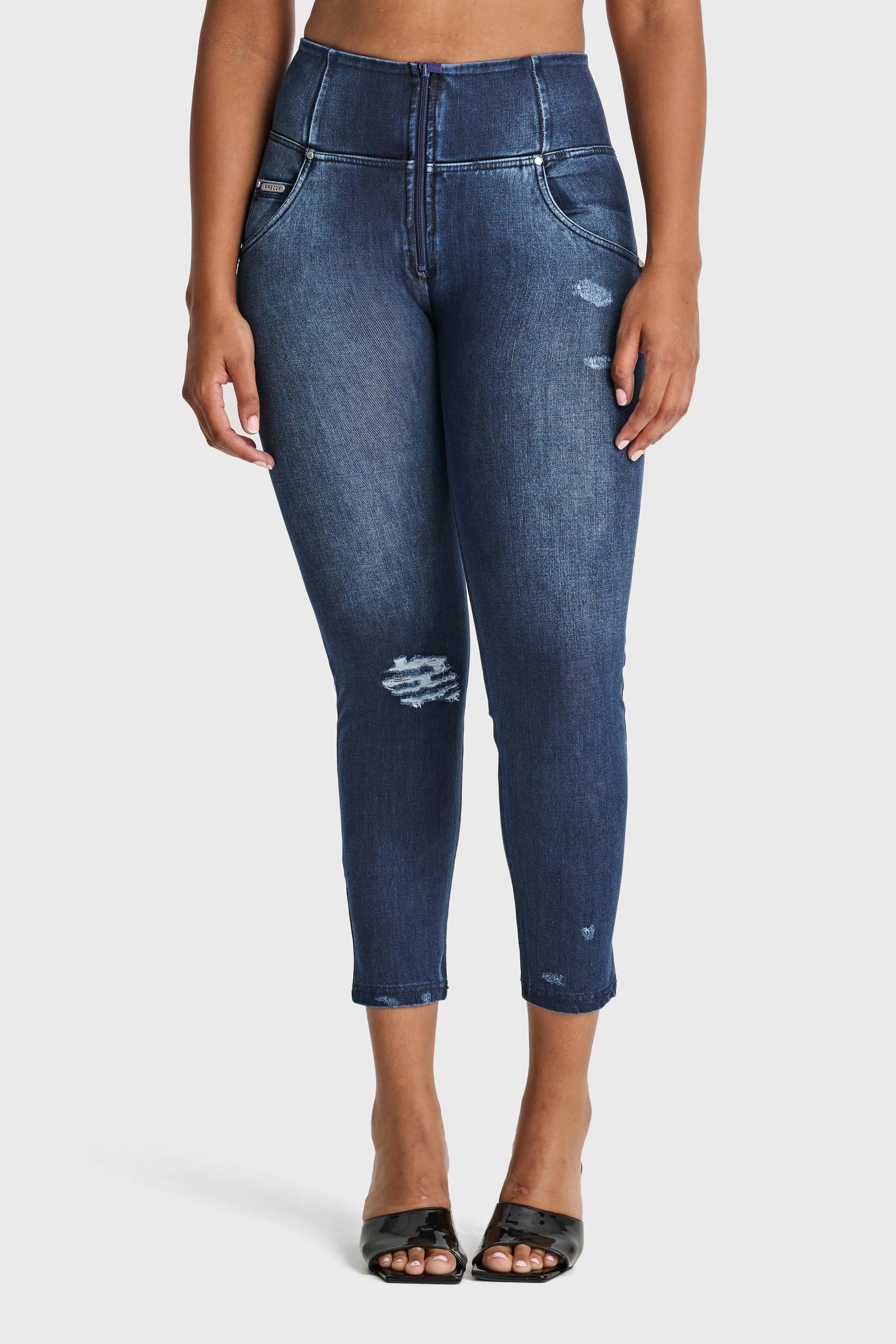 WR.UP® Snug Distressed Jeans - High Waisted - 7/8 Length - Dark Blue + Blue Stitching 7