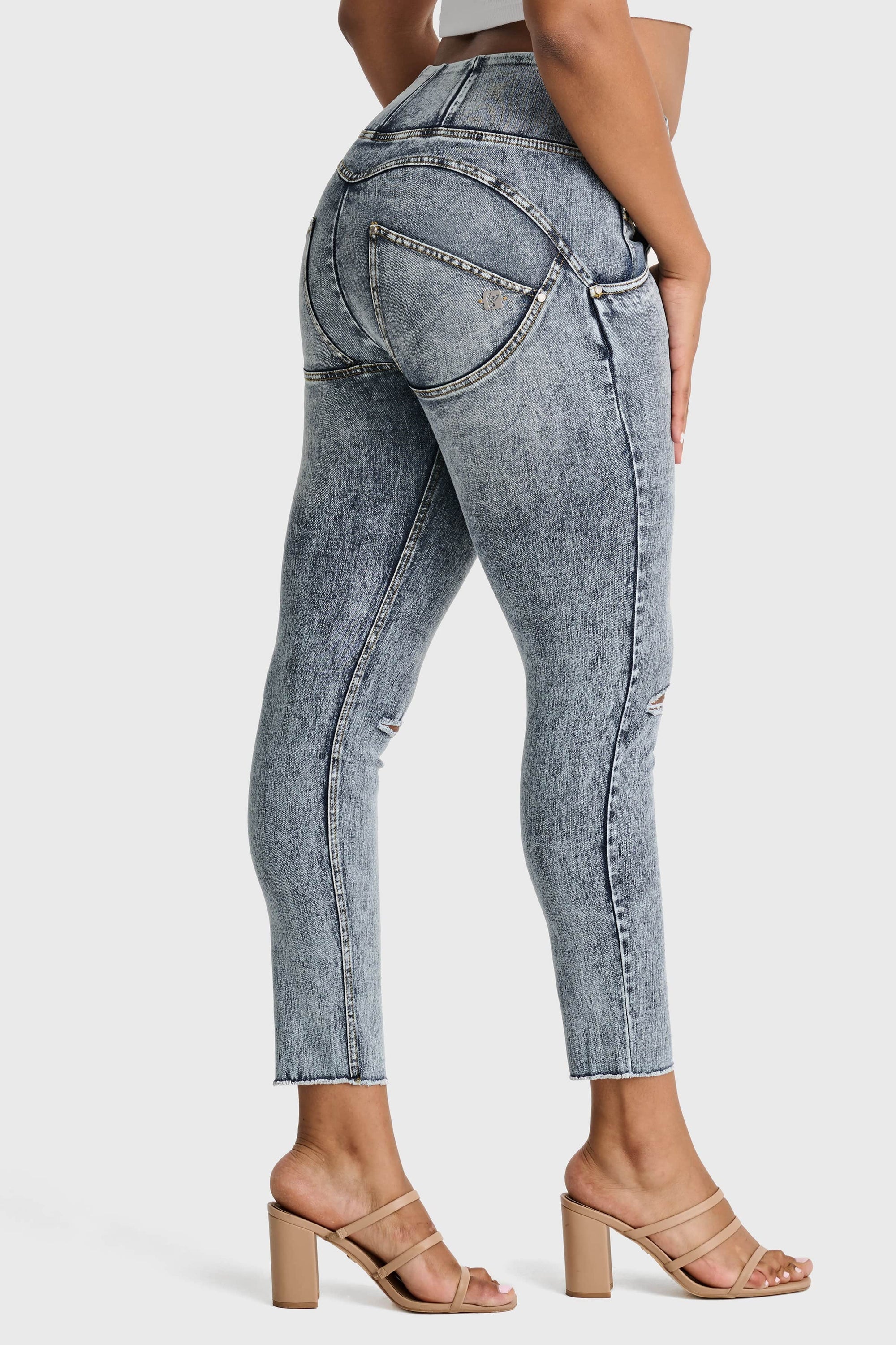 WR.UP® Snug Ripped Jeans - High Waisted - 7/8 Length - Blue Stonewash + Yellow Stitching 2