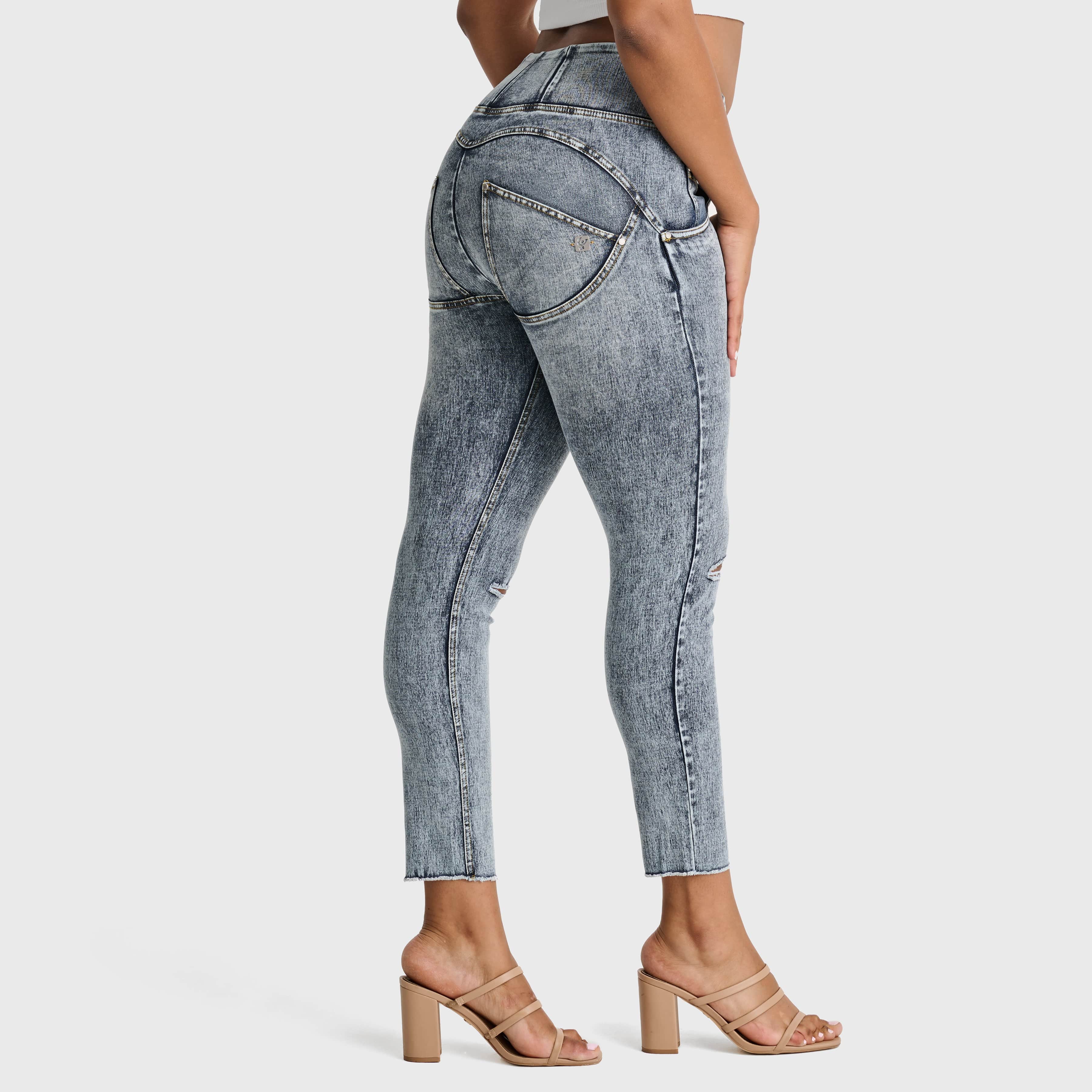 WR.UP® Snug Ripped Jeans - High Waisted - 7/8 Length - Blue Stonewash + Yellow Stitching 2