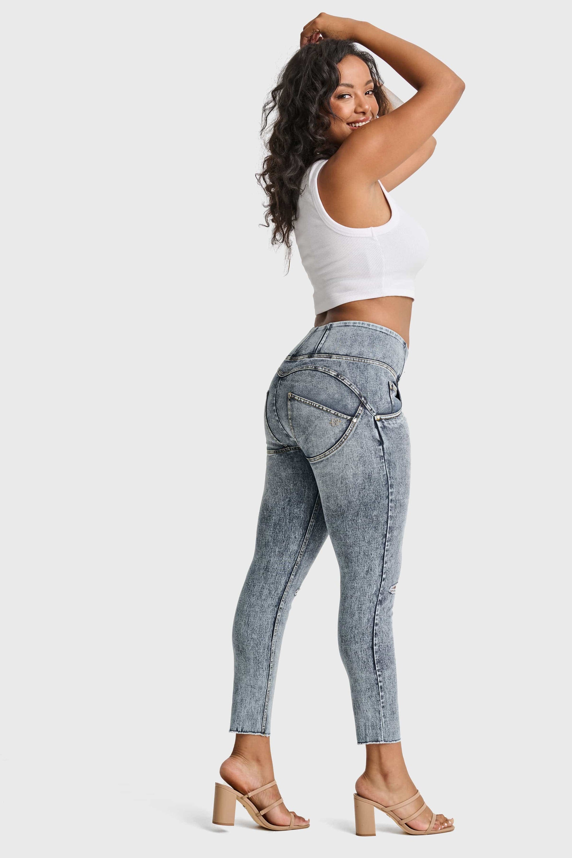 WR.UP® Snug Ripped Jeans - High Waisted - 7/8 Length - Blue Stonewash + Yellow Stitching 6