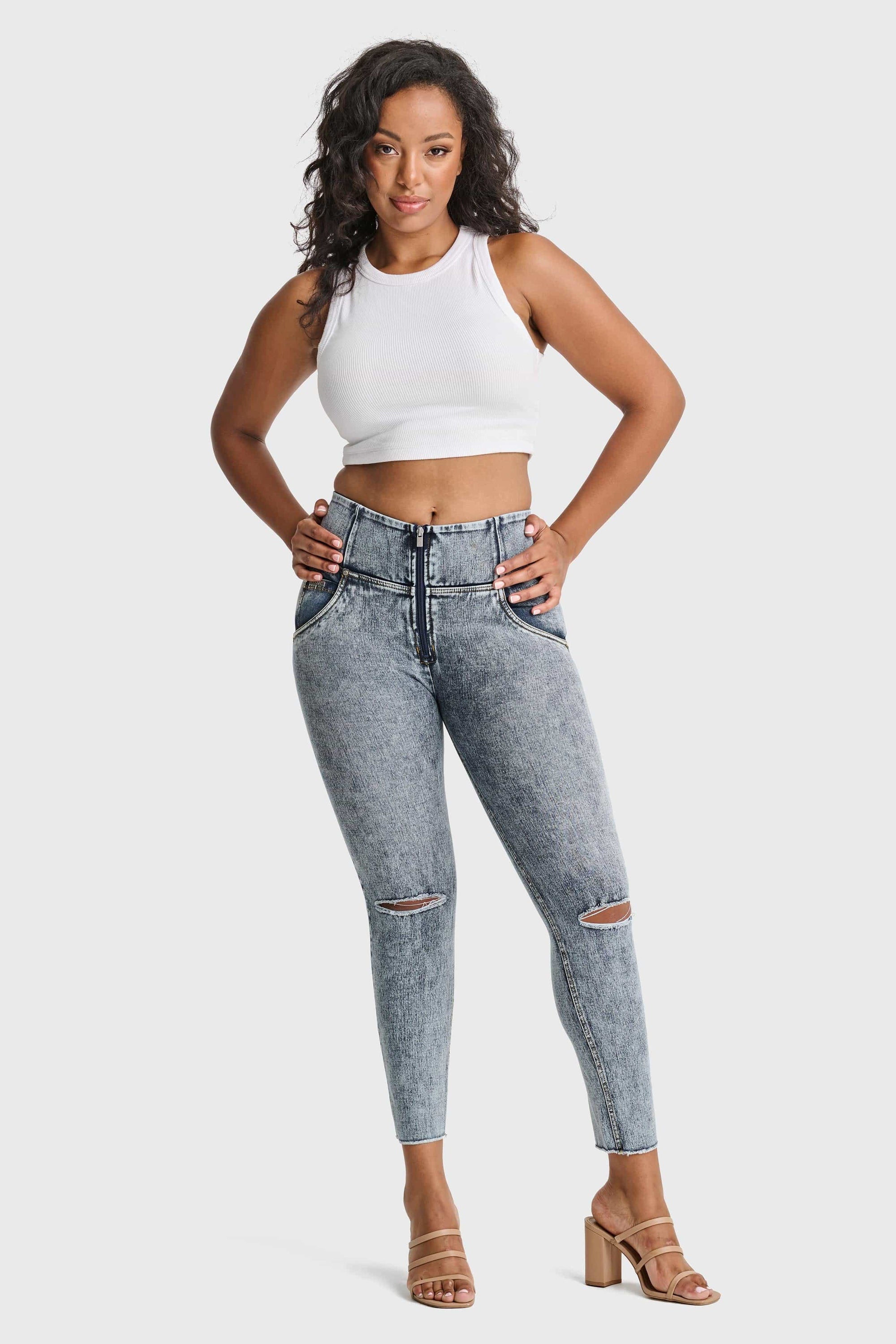 WR.UP® Snug Ripped Jeans - High Waisted - 7/8 Length - Blue Stonewash + Yellow Stitching 4