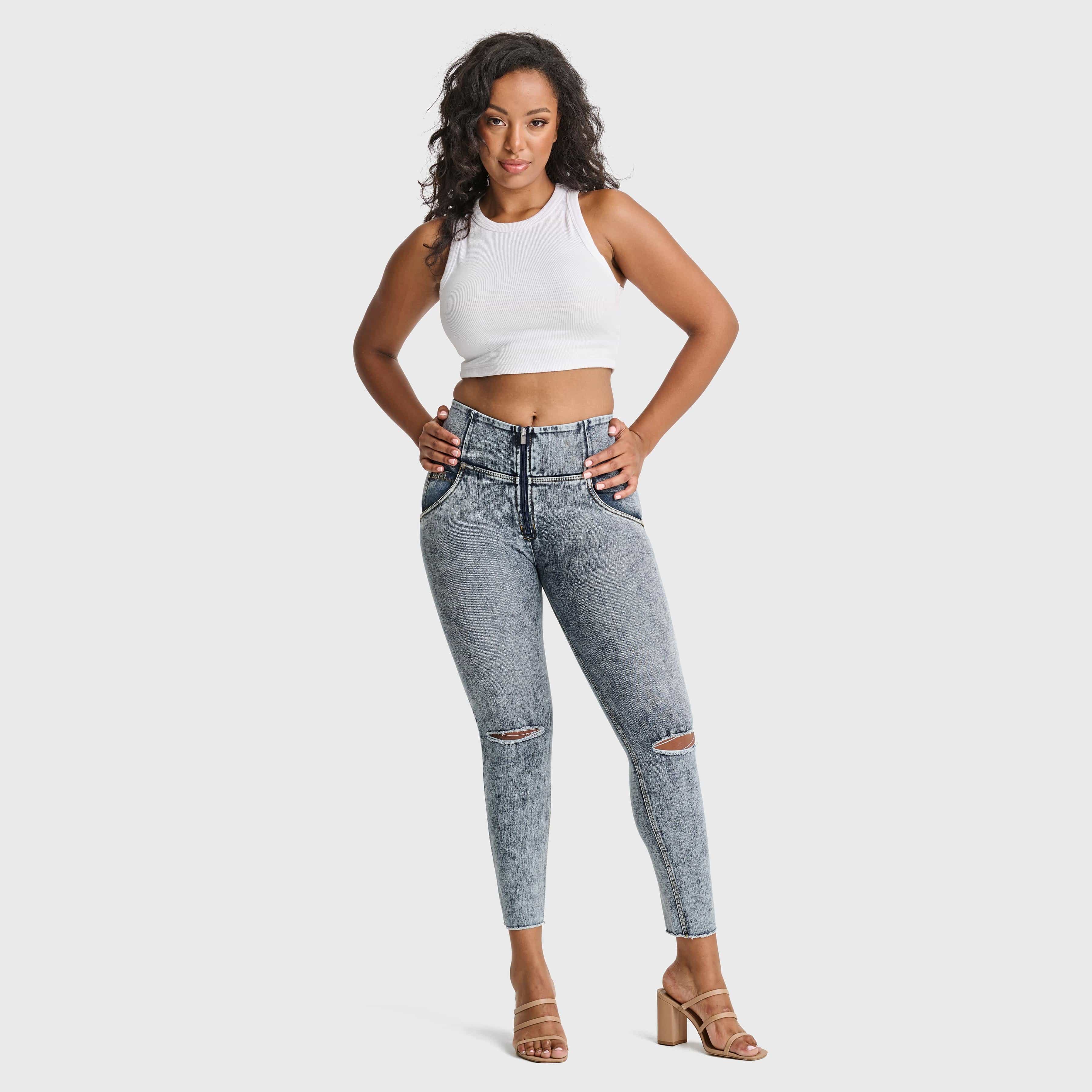 WR.UP® Snug Ripped Jeans - High Waisted - 7/8 Length - Blue Stonewash + Yellow Stitching 3