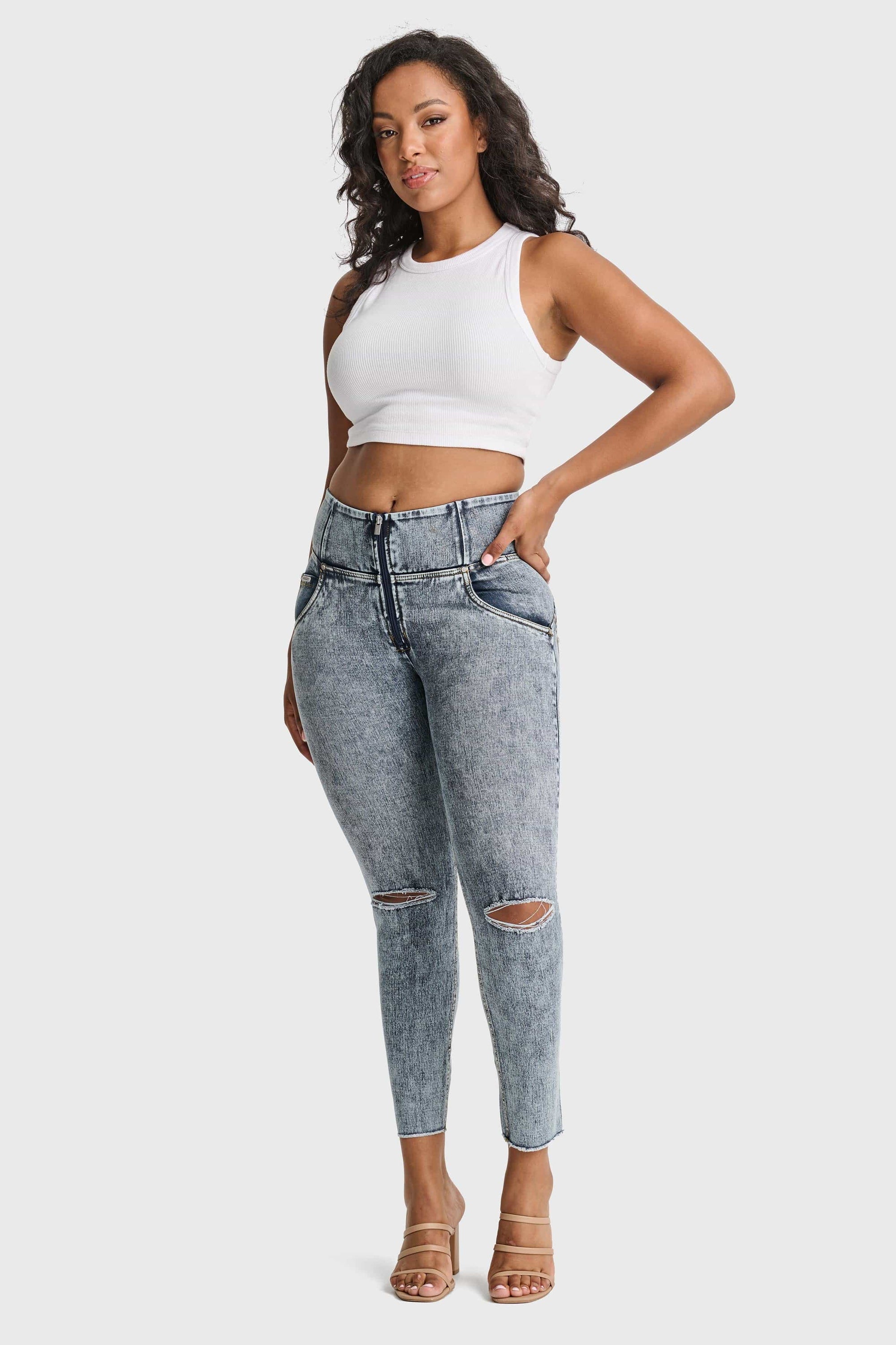WR.UP® Snug Ripped Jeans - High Waisted - 7/8 Length - Blue Stonewash + Yellow Stitching 1