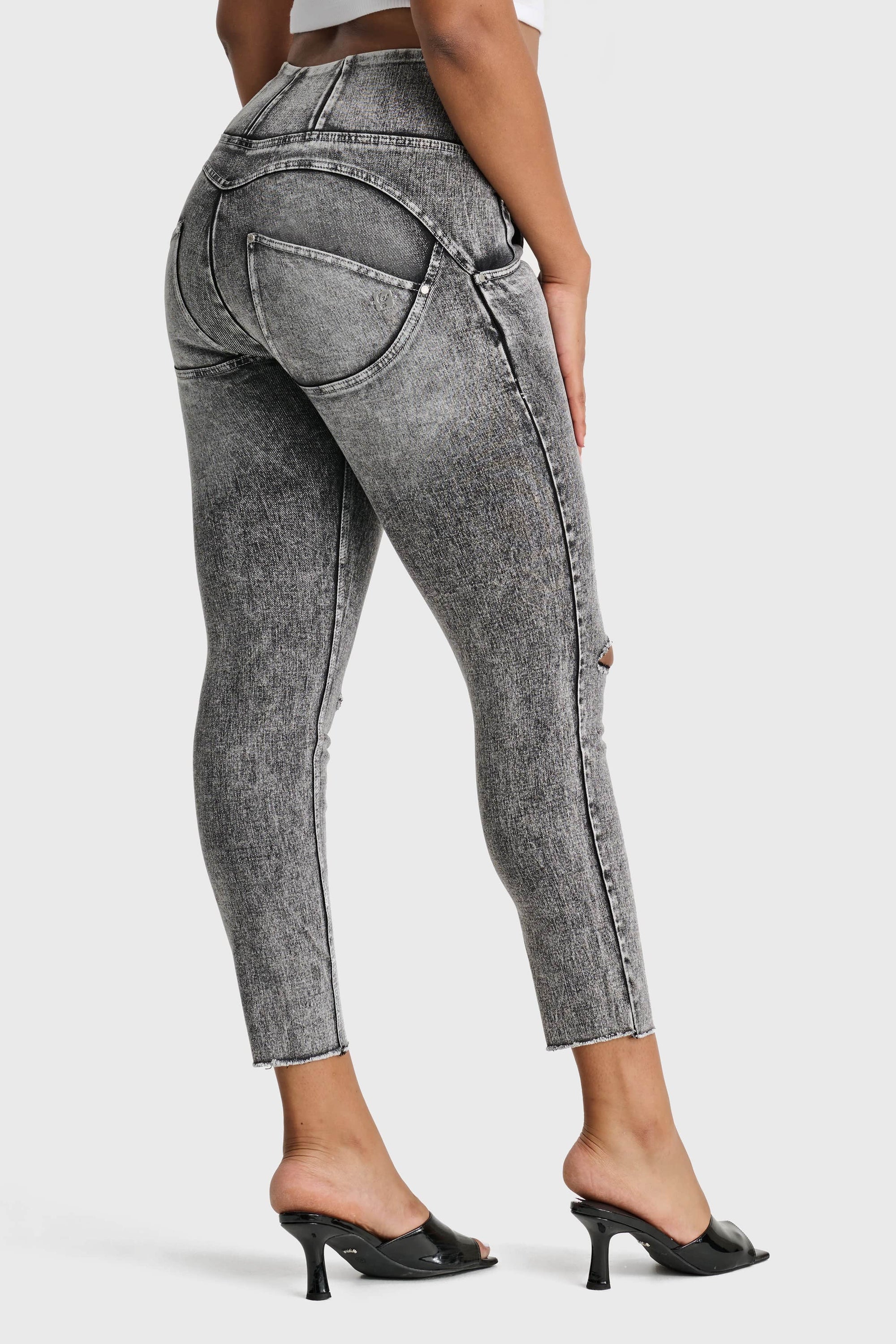 WR.UP® Snug Ripped Jeans - High Waisted - 7/8 Length - Grey Stonewash + Grey Stitching 1