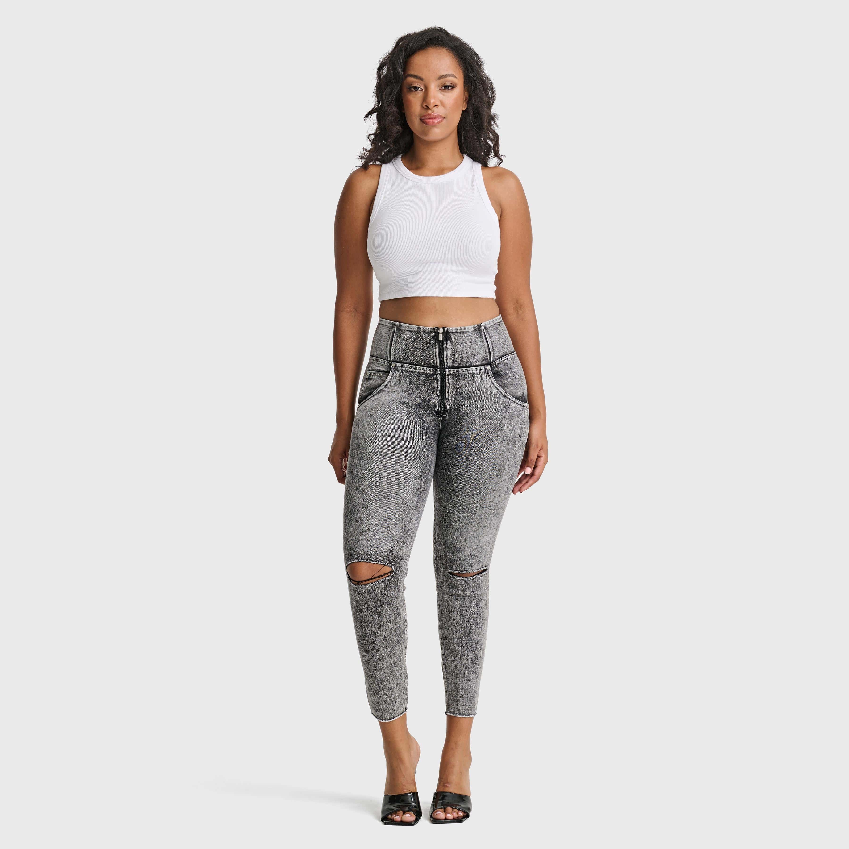 WR.UP® Snug Ripped Jeans - High Waisted - 7/8 Length - Grey Stonewash + Grey Stitching 2