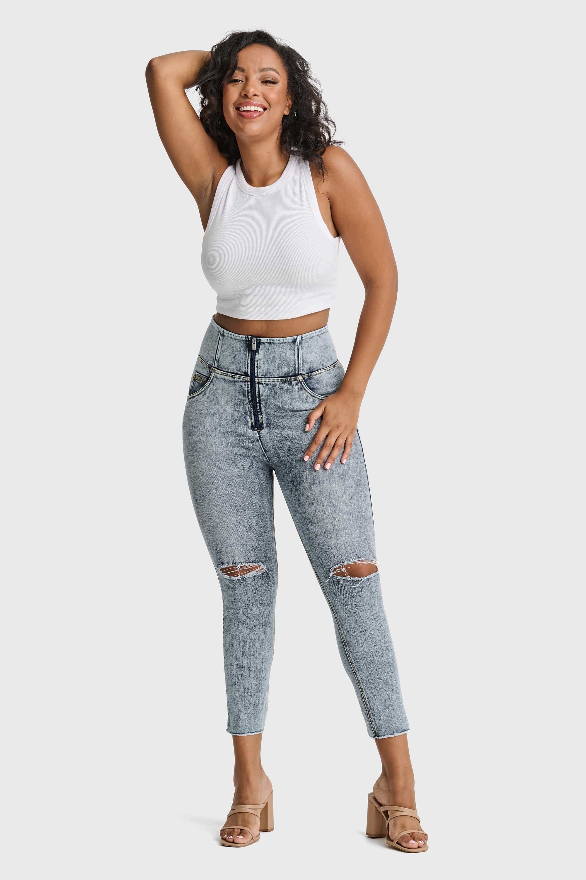 WR.UP® Snug Curvy Ripped Jeans - High Waisted - 7/8 Length - Blue Stonewash + Yellow Stitching 2