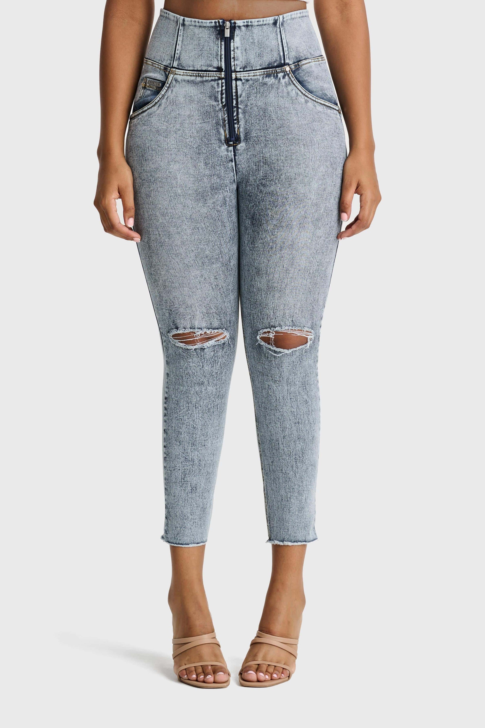WR.UP® Snug Curvy Ripped Jeans - High Waisted - 7/8 Length - Blue Stonewash + Yellow Stitching 1