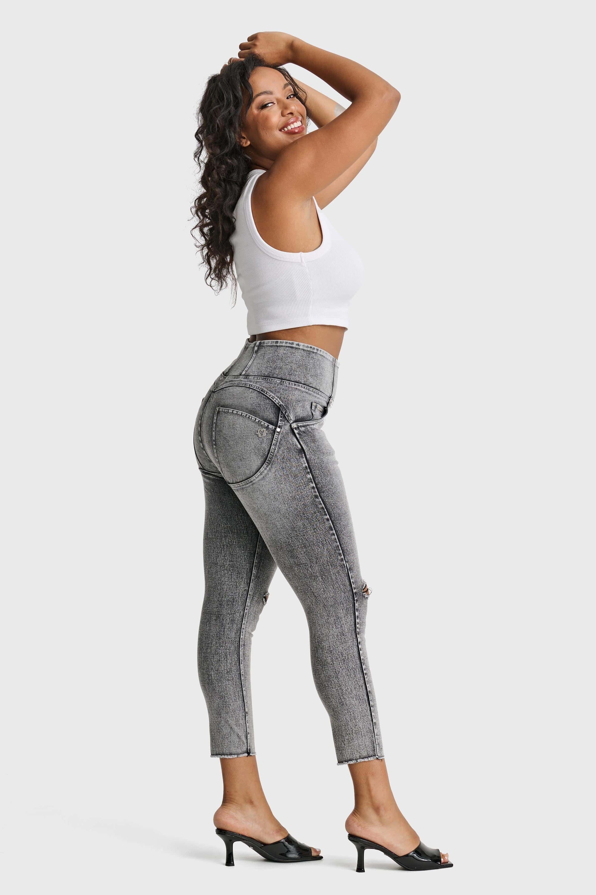 WR.UP® Snug Curvy Ripped Jeans - High Waisted - 7/8 Length - Grey Stonewash + Grey Stitching 8