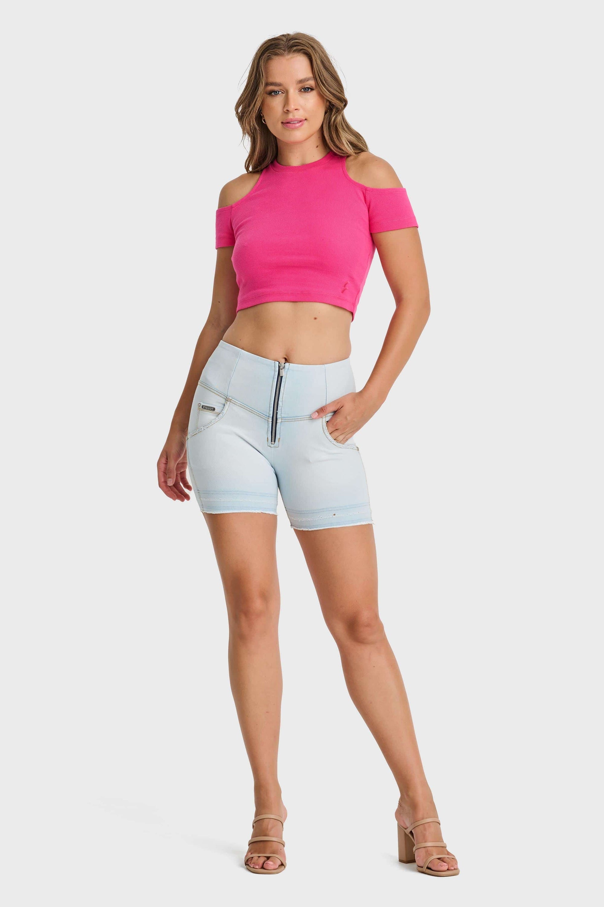 WR.UP® Snug Jeans - High Waisted - Shorts - Baby Blue + Yellow Stitching 2