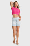 WR.UP® Snug Jeans - High Waisted - Shorts - Baby Blue + Yellow Stitching 5