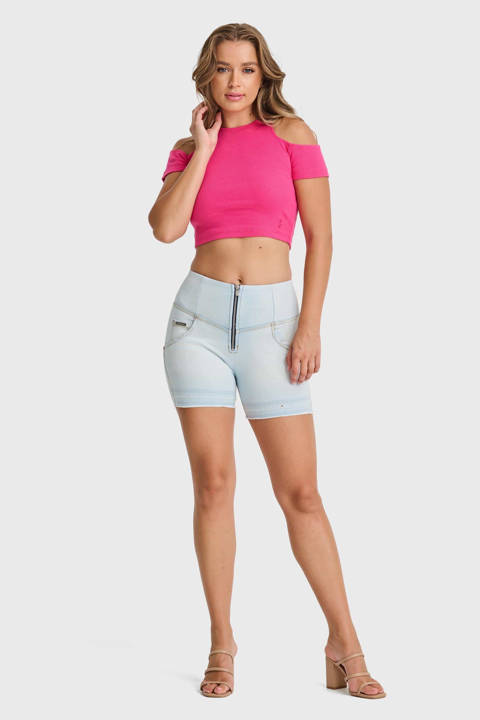 WR.UP® Snug Jeans - High Waisted - Shorts - Baby Blue + Yellow Stitching 4