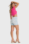 WR.UP® Snug Jeans - High Waisted - Shorts - Baby Blue + Yellow Stitching 3