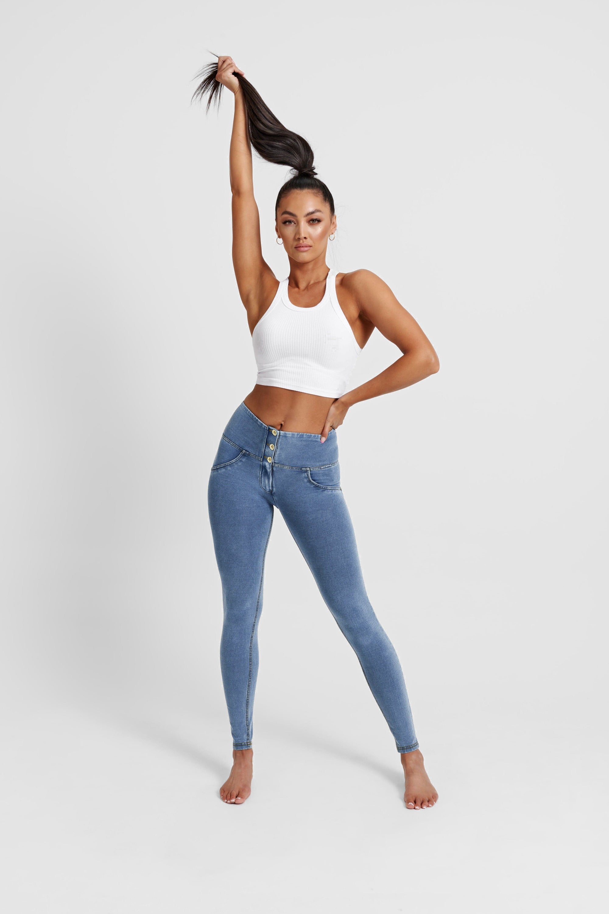 WR.UP® Denim - 3 Button High Waisted - Full Length - Light Blue + Yellow Stitching 5