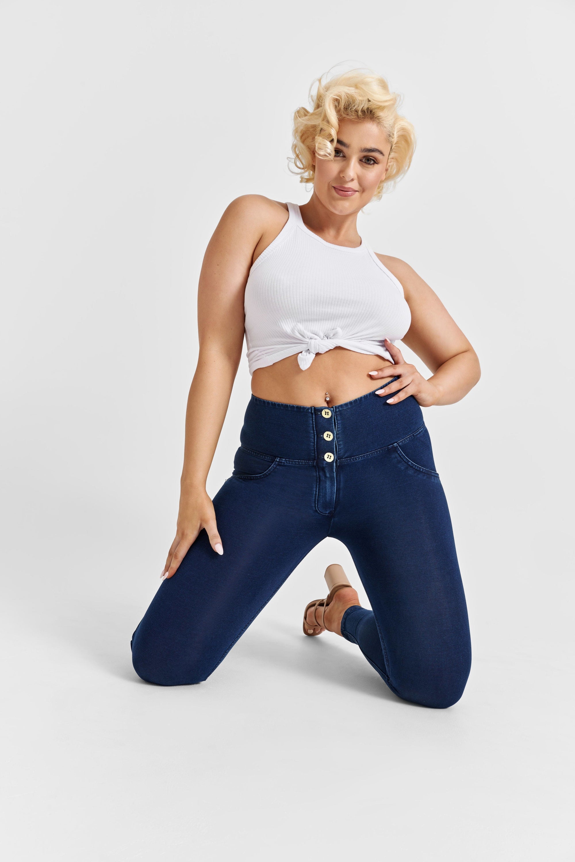 WR.UP® Denim - 3 Button High Waisted - Full Length - Dark Blue + Blue Stitching 7