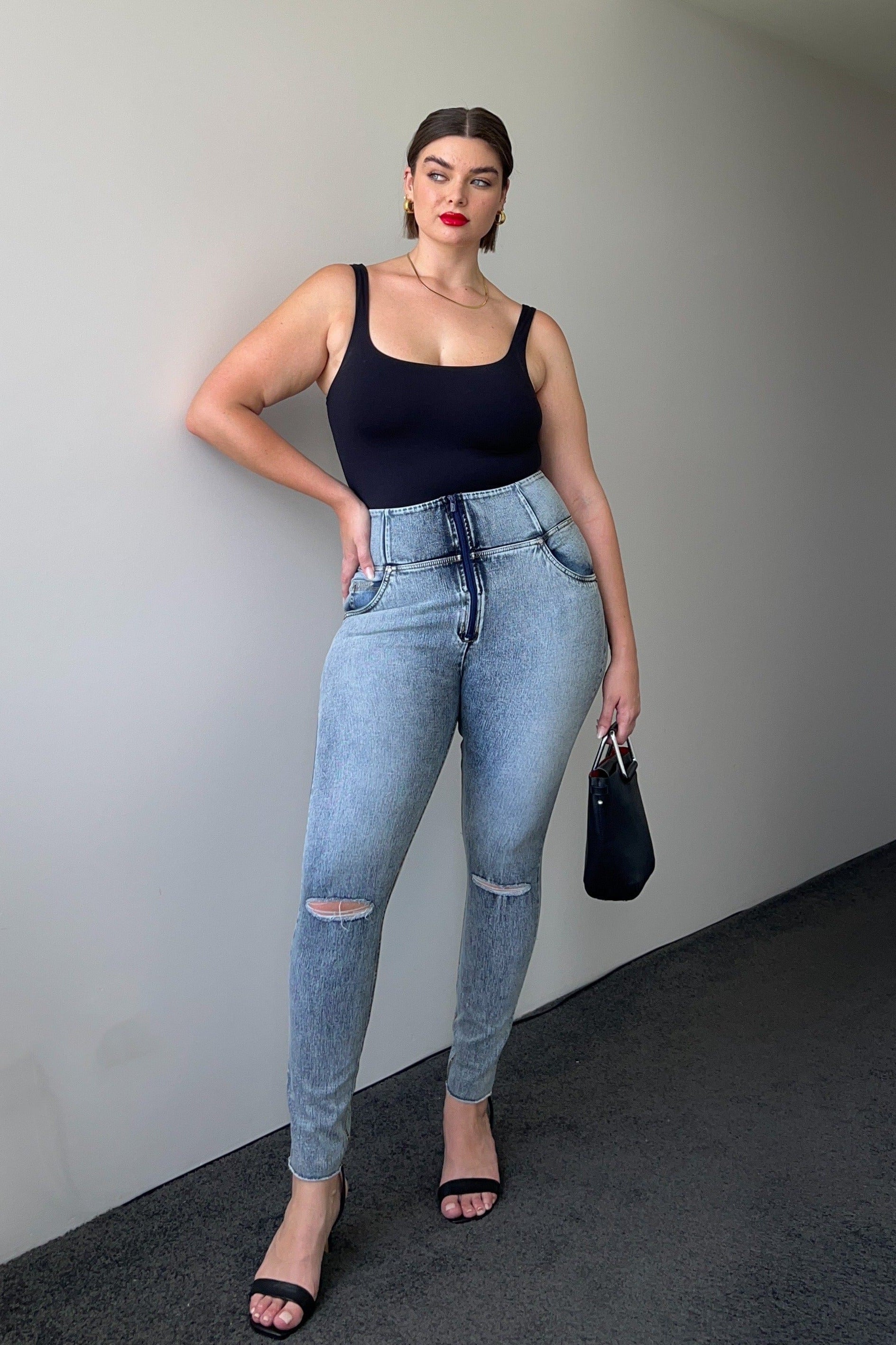 WR.UP® Snug Curvy Ripped Jeans - High Waisted - Full Length - Blue Stonewash + Yellow Stitching 1