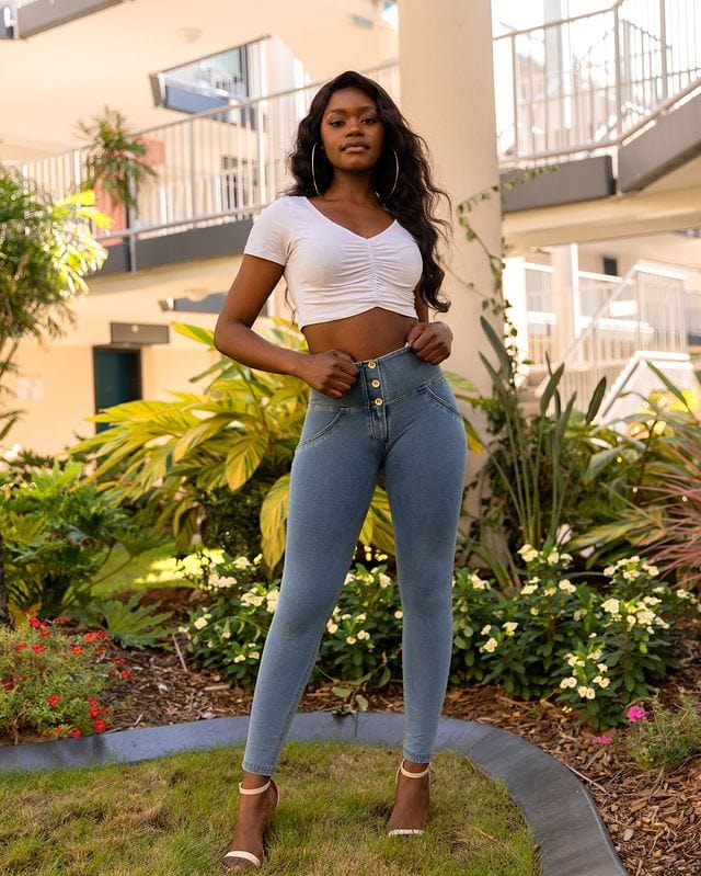 WR.UP® Denim - 3 Button High Waisted - 7/8 Length - Light Blue + Yellow Stitching 2