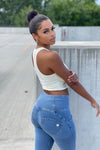 WR.UP® Denim - 3 Button High Waisted - 7/8 Length - Light Blue + Yellow Stitching 4